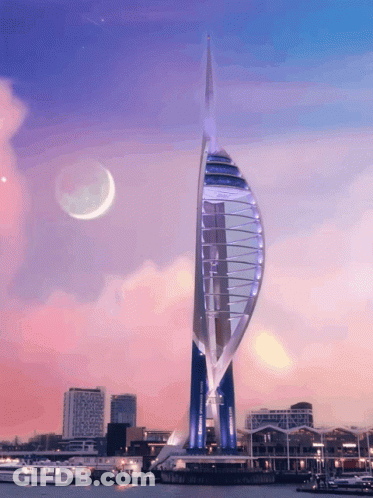 A Sailboat Shaped Building With A Crescent Moon Behind It GIF