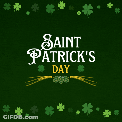 A Saint Patrick 'S Day Greeting Card With Clovers And Wheat On A Green Background GIF