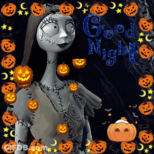 A Sally From The Nightmare Before Christmas Is Surrounded By Pumpkins And The Words Good Night GIF