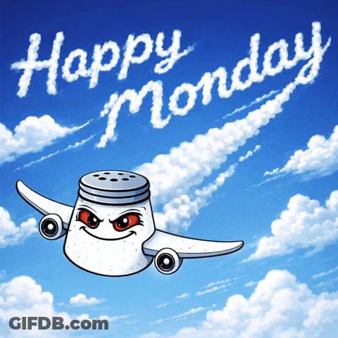 A Salt Shaker Is Flying Through The Air With The Words Happy Monday Written In The Clouds GIF
