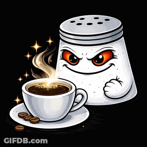 A Salt Shaker Is Holding A Cup Of Coffee On A Saucer GIF