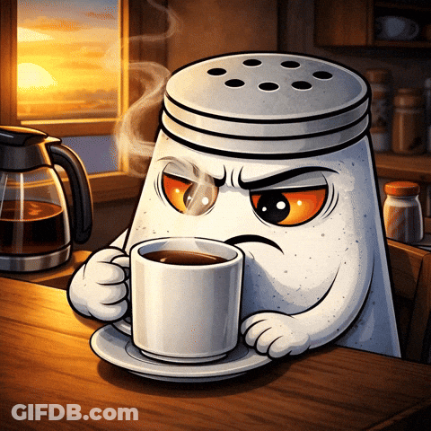 A Salt Shaker Is Holding A Cup Of Coffee On A Saucer GIF