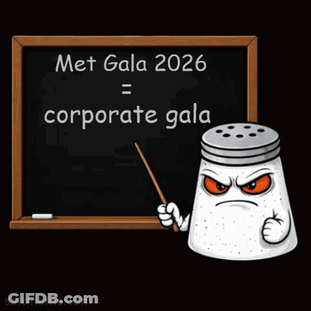 A Salt Shaker Is Holding A Pointer In Front Of A Blackboard That Says Met Gala 2026 = Corporate Gala GIF