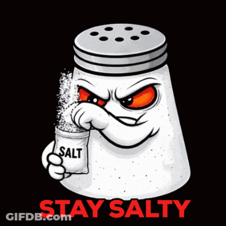 A Salt Shaker With An Angry Face And Red Eyes Holding A Bag Of Salt GIF