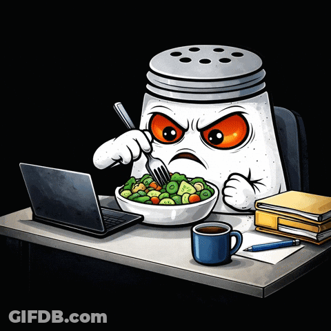 A Salt Shaker With An Angry Face Is Eating A Salad With A Fork GIF