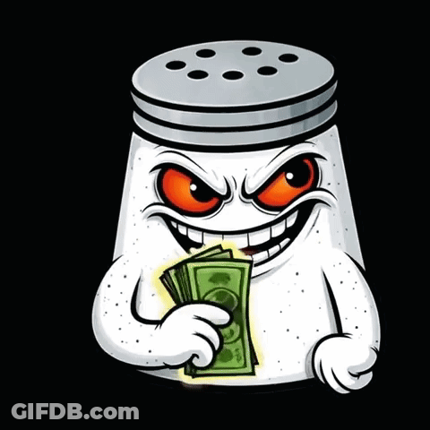 A Salt Shaker With An Evil Face Is Holding A Bunch Of Money GIF