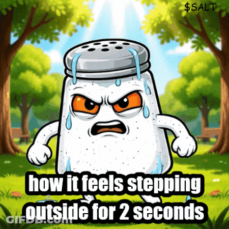 A Salt Shaker With Sweat Coming Out Of It And The Words How It Feels Stepping Outside For 2 Seconds On The Bottom GIF