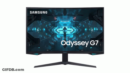 A Samsung Odyssey G7 Computer Monitor Displays A Futuristic Scene GIF