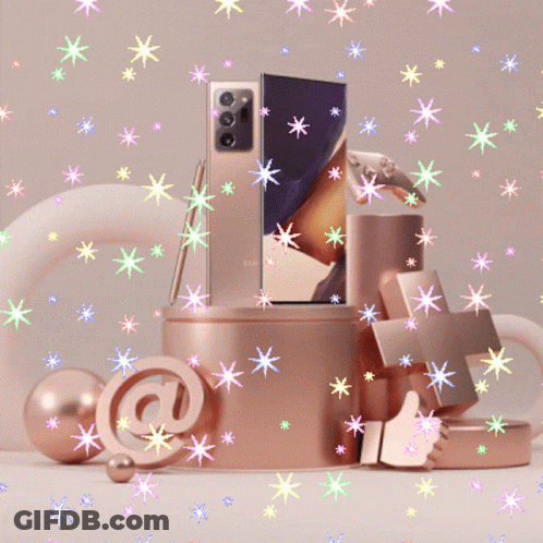 A Samsung Phone Sitting On Top Of A Podium Surrounded By Colorful Stars GIF