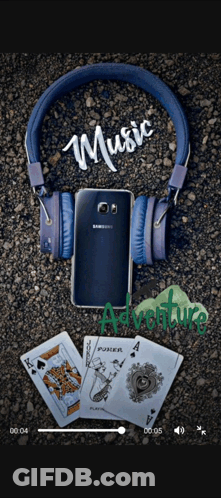 A Samsung Phone With Headphones And Playing Cards With The Words Music Adventure Written On The Bottom GIF