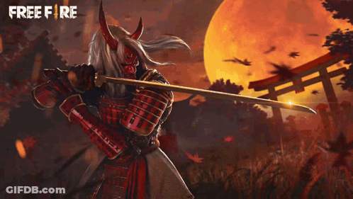 A Samurai Holding A Sword In Front Of A Full Moon With Free Fire Written On The Bottom Right GIF