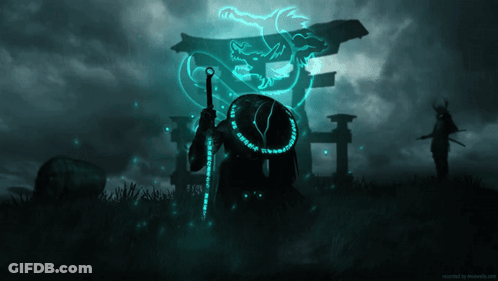 A Samurai Holding A Sword In Front Of A Glowing Dragon With Chinese Writing On It GIF