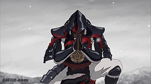 A Samurai In Armor Is Kneeling Down In The Snow While Praying . GIF