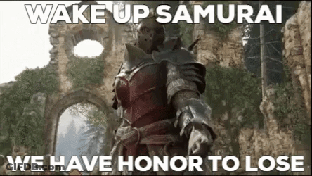 A Samurai In Armor Is Standing In Front Of A Stone Wall . GIF