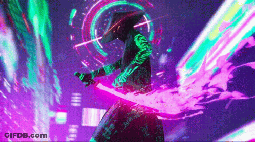A Samurai Is Holding A Sword In A Futuristic World GIF