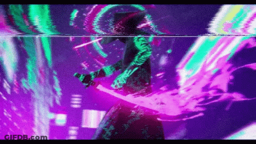 A Samurai Is Holding A Sword In A Purple And Green Background With A Glitch Effect . GIF