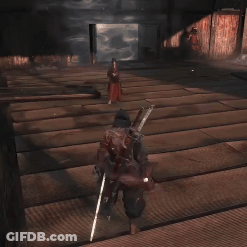 A Samurai Is Holding A Sword In A Video Game While Standing In A Field . GIF