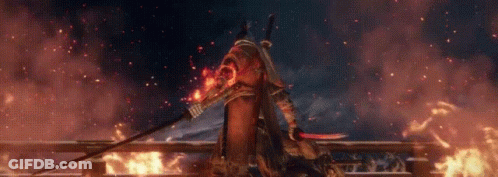 A Samurai Is Standing In Front Of A Fire With A Sword In His Hand . GIF