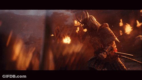 A Samurai Stands In Front Of A Bridge With A Sword In His Hand GIF