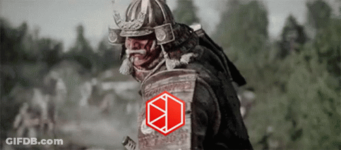 A Samurai Wearing A Helmet And Armor With A Red Cube On His Sleeve GIF