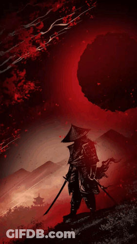 A Samurai With A Sword And A Hat Is Standing On Top Of A Hill With A Large Rock In The Background . GIF