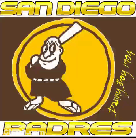 A San Diego Padres Logo With A Baseball Player In A Yellow Circle GIF