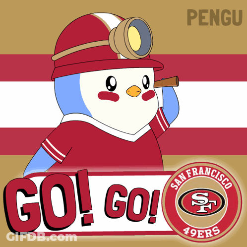 A San Francisco 49Ers Poster With A Penguin Wearing A Helmet GIF