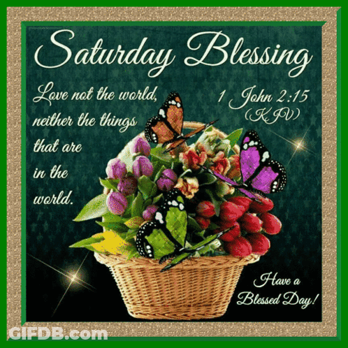 A Saturday Blessing Card With Butterflies And Flowers GIF