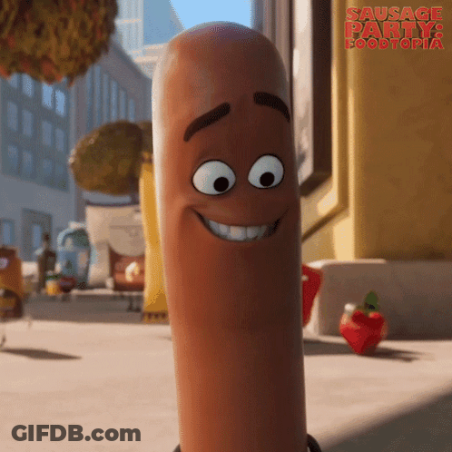 A Sausage From Sausage Party 2 Is Smiling GIF