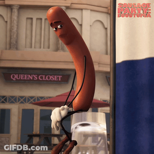 A Sausage Sitting On A Glass In Front Of A Queen 'S Closet Sign GIF