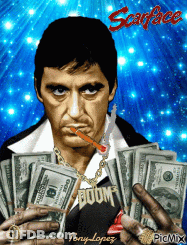 A Scarface Poster With A Man Holding Money And A Knife In His Mouth GIF