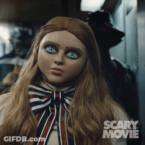 A Scary Movie Poster Shows A Doll With Long Hair GIF