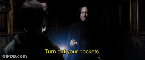 A Scene From Harry Potter With The Words Turn Out Your Pockets In Yellow GIF
