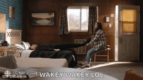 A Scene From Schitt 'S Creek Shows A Woman Stretching A Man 'S Legs GIF