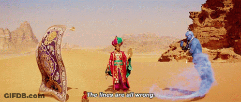 A Scene From The Movie Aladdin Shows A Man Standing Next To A Carpet And A Genie Saying The Lines Are All Wrong GIF