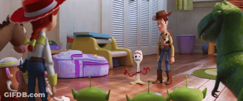 A Scene From The Movie Toy Story With Woody Jessie Rex And Forky GIF
