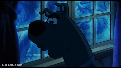 A Scooby Doo Cartoon Character Looking Out A Window With The Words Ruh-Roh Below Him GIF