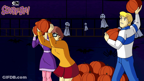 A Scooby Doo Cartoon With A Bunch Of Pumpkins And Ghosts GIF