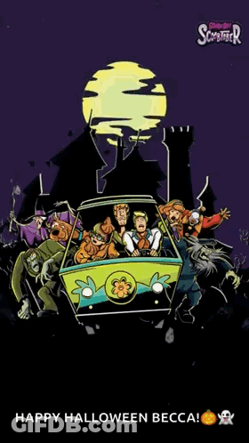 A Scooby Doo Poster That Says Happy Halloween Becca On The Bottom GIF
