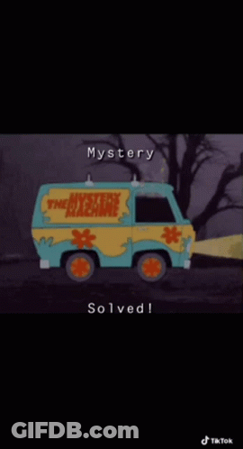 A Scooby Doo Van With The Words Mystery Solved On The Bottom GIF