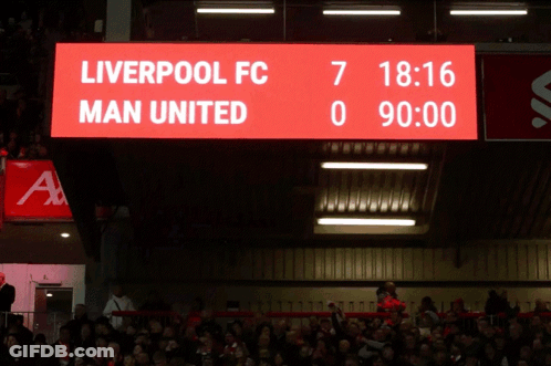 A Scoreboard At A Soccer Game Shows That Liverpool Fc Is 7 To 0 GIF