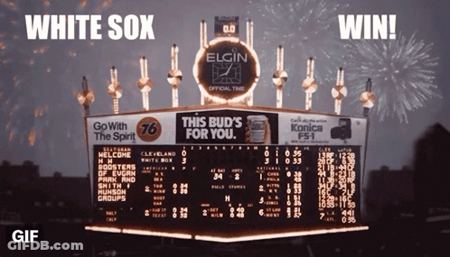 A Scoreboard With The Words White Sox Win On Top GIF