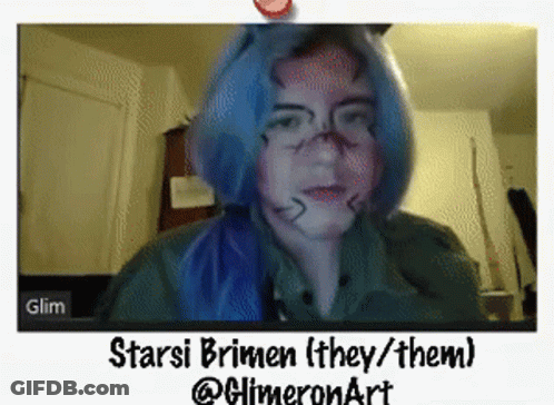 A Screen Shot Of A Person With Blue Hair And The Words Starsi Brimen ( They / Them ) At The Bottom GIF