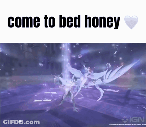 A Screen Shot Of A Video Game With The Words Come To Bed Honey On It GIF