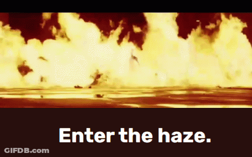 A Screen Shot Of An Explosion With The Words " Enter The Haze " At The Bottom GIF