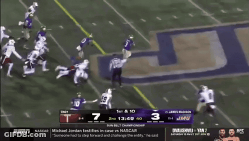A Screen Shows A Football Game Between Troy And Jmu GIF