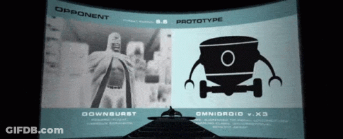 A Screen Shows A Man And A Robot With The Words " Opponent " And " Prototype " GIF