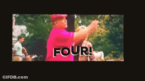 A Screen Shows A Man In A Pink Shirt With The Word Four On It GIF