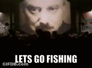 A Screen With A Man 'S Face On It And The Words Lets Go Fishing GIF