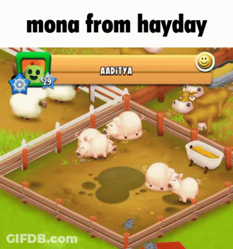 A Screenshot Of A Game Called Mona From Hayday With Pigs And Sheep GIF